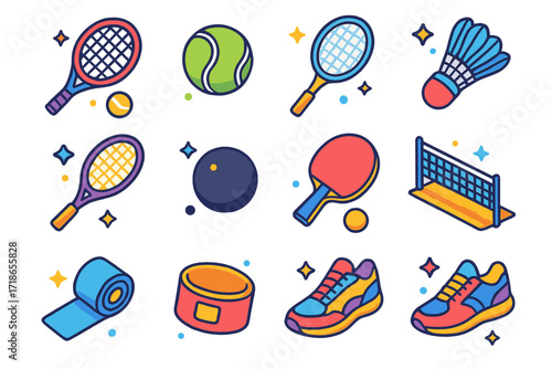 Racket Sports Icons. Racket Sports. Colorful isometric vector icons set of Racket Sports: tennis racket, tennis ball, badminton racket, shuttlecock, squash