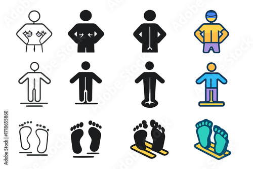 Balance Icon Set. Icon Set of Balance & Stability: Core engagement, Center of gravity, Foot positioning. Icons set in vector style