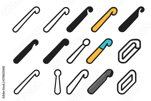 Handicraft Crochet Logo Set. Set Logo of Handicrafts: Crochet Hook. Logo set in vector style, emblematic variations. line, bold thick line, solid black filled,