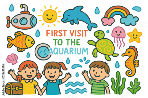 Underwater Adventure Doodle. Colorful Hand-drawn doodle Children illustration First Visit to the Aquarium [fish, dolphin, turtle,