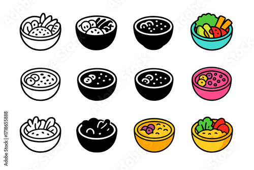 Colorful Bowl Icons. Icon Set of Colorful Bowls: Buddha bowl, Smoothie bowl, Grain bowl. Icons set in vector style, emblematic