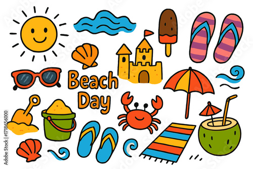 Beach Day Doodles. Colorful Hand-drawn doodle Children illustration Beach Day with Sandals flip flops, seashell, wave, sandcastle,
