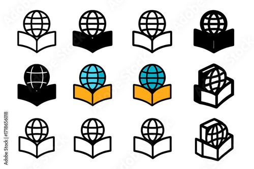 Cultural Adaptation Logo Grid. Set Logo of Cultural Adaptation: Open book with globe. Logo set in vector style, emblematic variations. line, bold thick line,