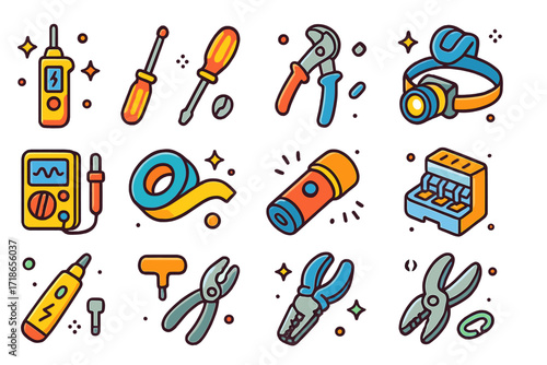 Electrician Tool Icons. Colorful isometric vector icons set of electrician’s tool belt gear: voltage tester, insulated screwdriver