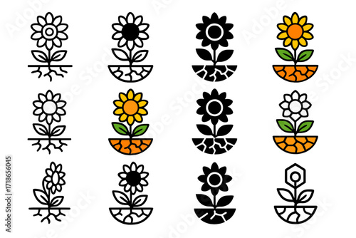 Drought-Resistant Sunflower Logos. Set Logo of Climate-resistant crops: Drought-proof sunflower. Logo set in vector style, emblematic variations. line, bold