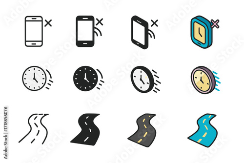 Iconic Silent Distances. Icon Set of Silent Distances: Phone with no signal, Clock with fading hands, Empty path. Icons set in vector style, emblematic