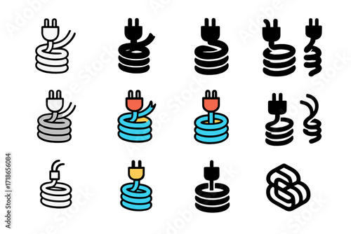 Neat Cable Organizer Logos. Set Logo of Arranging office cables neatly: Cable spiral wrap organizer. Logo set in vector style, emblematic variations. line,