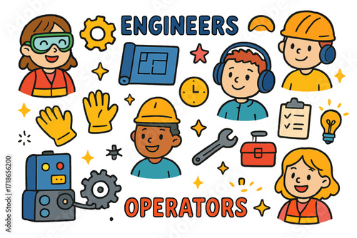 Engineering Doodle Icons. Colorful Hand-drawn doodle Children illustration Engineers and Operators gear, blueprint, helmet,