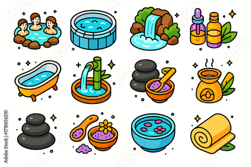 Spa Icons Collection. Colorful isometric vector icons set of spa and wellness water scenes: hot spring, clean Jacuzzi, waterfall spa, essential oils near