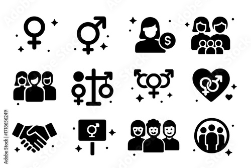Icons of Equality. Gender Equality. Solid icons set of female symbol, male symbol, gender-neutral symbol, equal pay, diverse workplace, balance scale, group of