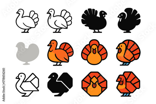 Thanksgiving Turkey Logos. Set Logo of Food culture and traditions: American Thanksgiving turkey. Logo set in vector style, emblematic variations. line, bold
