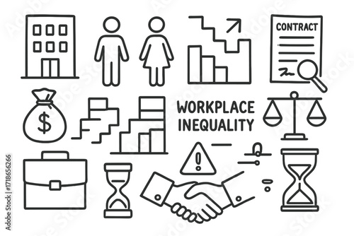 Workplace Inequality Symbols. Hand-drawn doodle illustration workplace inequality office building, man symbol, woman symbol,
