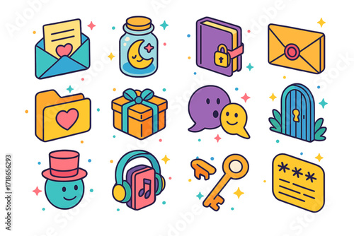 Joyful Secrets Icons. Colorful isometric vector icons set of joyful secrets: hidden letter, dream jar, locked diary, sealed envelope, digital folder with