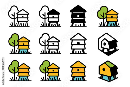 Urban Beehive Logos. Set Logo of Urban Green Spaces: Urban Beehive Installation. Logo set in vector style, emblematic variations. line, bold thick line, solid
