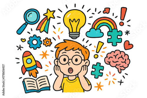 Doodle of Realization. Colorful Hand-drawn doodle Children illustration Sudden Realization [light bulb, shooting star, surprised face, glasses, magnifying