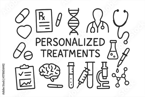 Medical Doodle Icons. Hand-drawn doodle illustration Personalized treatments [pill, capsule, prescription paper, DNA helix,
