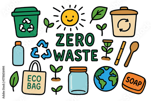 Zero Waste Icons. Zero Waste. Colorful Hand-drawn doodle Children illustration recycle bin, compost bin, eco bag, reusable bottle, bamboo straw, glass jar,