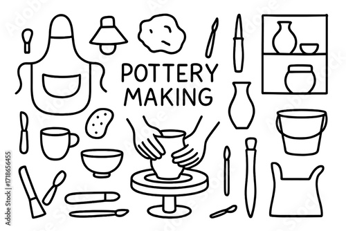 Pottery Workshop Doodles. Pottery Making. Hand-drawn doodle illustration pottery making potter?s wheel, clay lump, vase, bowl, cup, carving tool, sponge,