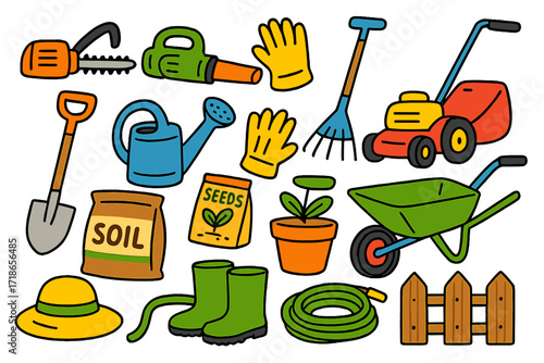 Colorful Gardening Tools Icons. Colorful Hand-drawn doodle Children illustration Gardening power tools hedge trimmer, leaf blower,