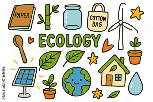 Eco-Friendly Icons. Inspirational design with ecology materials trend. Colorful Hand-drawn doodle Children illustration recycled