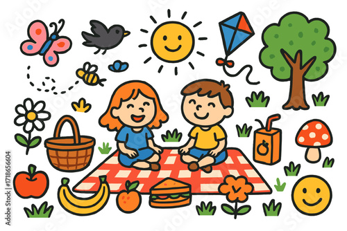 Colorful Picnic Doodle Scene. Colorful Hand-drawn doodle Children illustration Meadow picnic picnic blanket, basket, fruit,