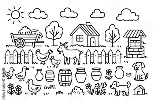 Village Scene Doodle. Village Fence. Hand-drawn doodle illustration village fence chickens, goat, ducks, wooden cart, hay, barrel, clay pot, flowers, trees,