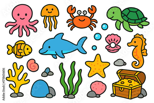 Ocean Doodle Hideouts. Colorful Hand-drawn doodle Children illustration Sea Creature Hideouts octopus, jellyfish, crab, turtle, fish, dolphin, seahorse, coral,