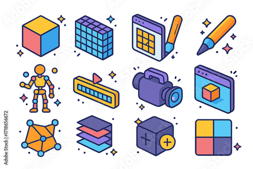 3D Modeling Icons. Colorful isometric vector icons set of digital 3D modeling: 3D cube icon, mesh grid, UV mapping window, sculpting stylus, 3D character rig,