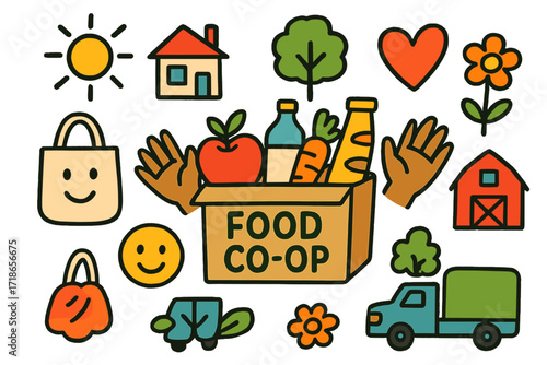 Community Food Co-op. Colorful Hand-drawn doodle Children illustration food co-op grocery box, community hands, apple, milk bottle, carrot, bread, reusable
