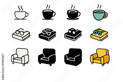 Relaxed Reading Icons. Icon Set of Relaxed Reading: Coffee cup, Glasses on paperback, Armchair. Icons set in vector style, emblematic variations. Coffee cup