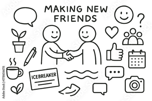 Friendly Doodle Icons. Hand-drawn doodle illustration Making new friends handshake, speech bubble, smiley face, question mark,