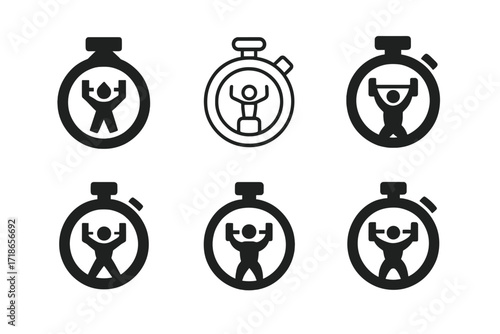 Diverse Stopwatch Logos. Fitness. Set Logo of Fitness: Stopwatch. harmonious logo variations of the same emblematic concept, each with different artistic
