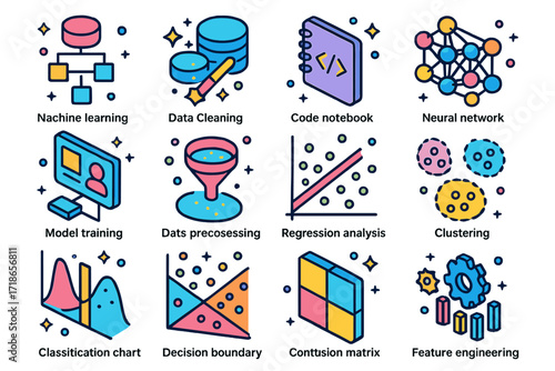 Data Science Icons. Colorful isometric vector icons set of data science concepts: machine learning algorithm, data cleaning tool, code notebook, neural