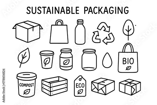 Sustainable Packaging Icons. Sustainable packaging. Hand-drawn doodle illustration sustainable packaging with cardboard box, paper bag, reusable bottle,