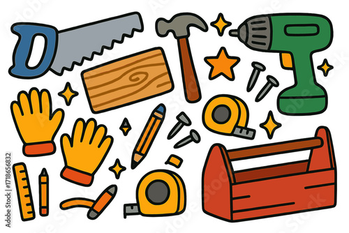 Colorful Woodworking Doodles. Woodworking. Colorful Hand-drawn doodle Children illustration Woodworking saw, hammer, nails, wood plank, drill, ruler, tape