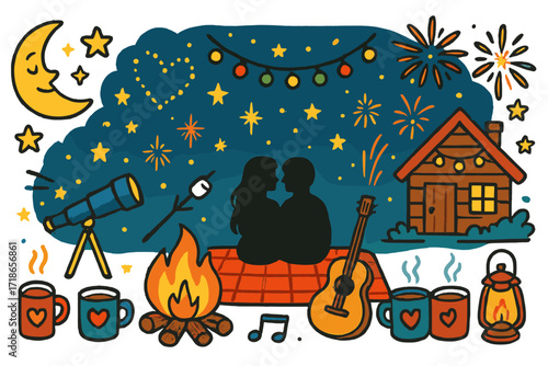 Starry Romantic Evening. Colorful Hand-drawn doodle Children illustration Romantic evening under stars moon, stars, telescope,