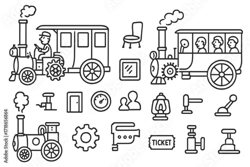 Steam Buses Doodle. Hand-drawn doodle illustration Steam buses and coaches [bus body, wheel, smokestack, driver seat, steam engine, window, door, control