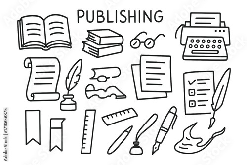 Publishing Doodle Icons. Publishing. Hand-drawn doodle illustration open book, stack of books, printer, typewriter, scroll, ink