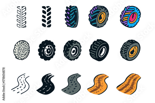Tractor Tracks Icon Set. Icon Set of Tractor Tracks Basics: Tire tread pattern, Tractor wheel, Dirt road imprint. Icons set in vector style, emblematic