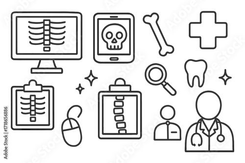 Medical Doodle Icons. Hand-drawn doodle illustration Digital x-ray film [computer screen, tablet, ribcage, skull, bone, hospital cross, clipboard, sparkle,