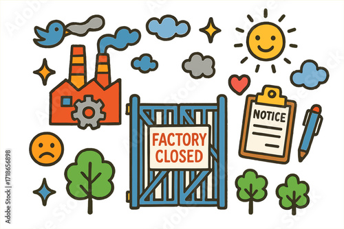 Factory Closure Illustration. Colorful Hand-drawn doodle Children illustration Factory Closure Notice closed gates, paper notice, clipboard, pen, factory wall,