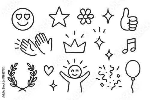 Doodle Symbols Celebration. Hand-drawn doodle illustration Audience admiration [heart eyes face, star, flower, sparkle, crown, clapping hands, smiling face,
