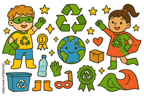Recycling Superheroes Unite. Colorful Hand-drawn doodle Children illustration Recycling heroes capes, recycle symbol, gloves, bins, smiling Earth, bottle,
