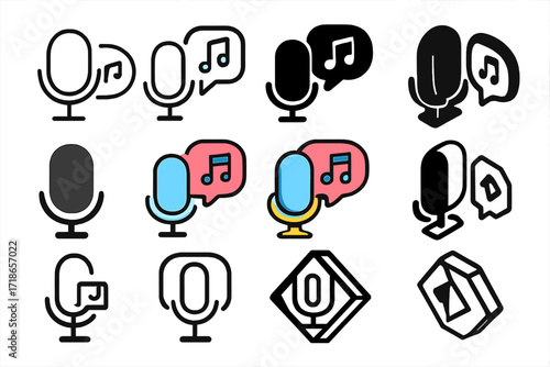 Voice-Control Music Logos. Set Logo of Voice-Controlling Music: Speech Recognition Icon. Logo set in vector style, emblematic variations. line, bold thick
