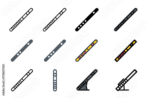 Colorful Symphony Logos. Set Logo of Symphony Orchestra: Flute. Logo set in vector style, emblematic variations. line, bold thick line, solid black filled,