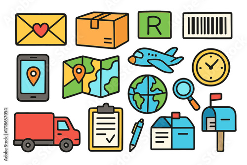 Mail Tracking Doodles. Colorful Hand-drawn doodle Children illustration Mail and parcel tracking [envelope, package, registered sticker, barcode, smartphone,