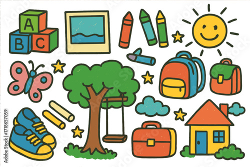 Childhood Doodle Memories. Colorful Hand-drawn doodle Children illustration Childhood Flashback toy blocks, faded photo, crayons, sun, smiling face, backpack,
