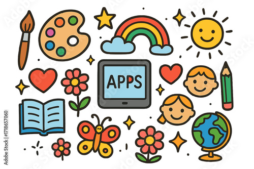 Creative Children's Doodle. Colorful Hand-drawn doodle Children illustration Creative Apps paintbrush, palette, rainbow, tablet,