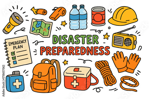 Emergency Preparedness Doodles. Disaster Preparedness. Colorful Hand-drawn doodle Children illustration emergency plan, checklist, flashlight, whistle,