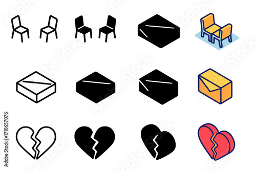 Emotional Silence Icons. Icon Set of Emotional Silence: Two chairs apart, Closed envelope, Shattered heart. Icons set in vector style, emblematic variations.